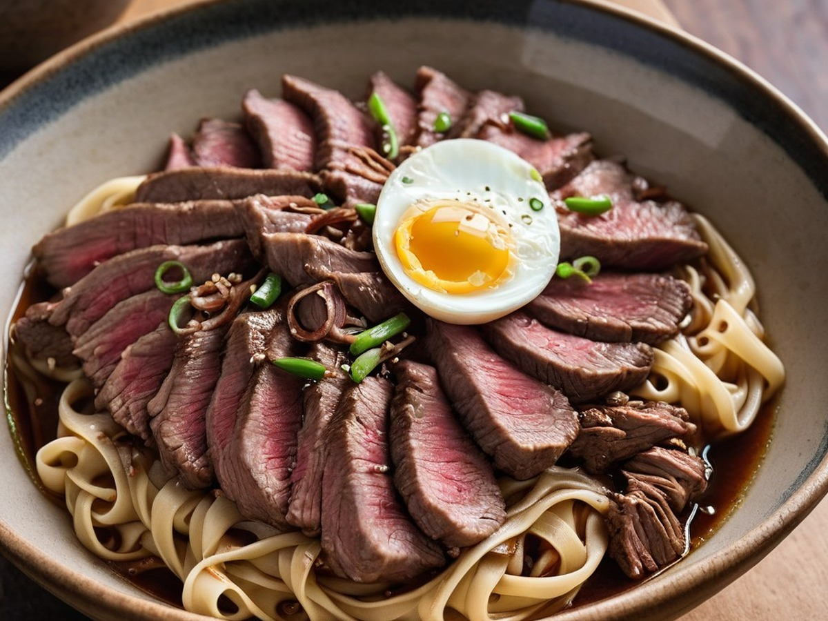 Soy-Glazed Ginger Scallion Beef Noodles Soy-Glazed Ginger Scallion Beef Noodles served and ready to enjoy