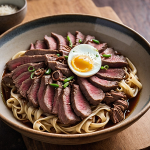 Slices of flank steak stir-fried with fresh ginger, scallions, and egg noodles coated in a glossy soy glaze.