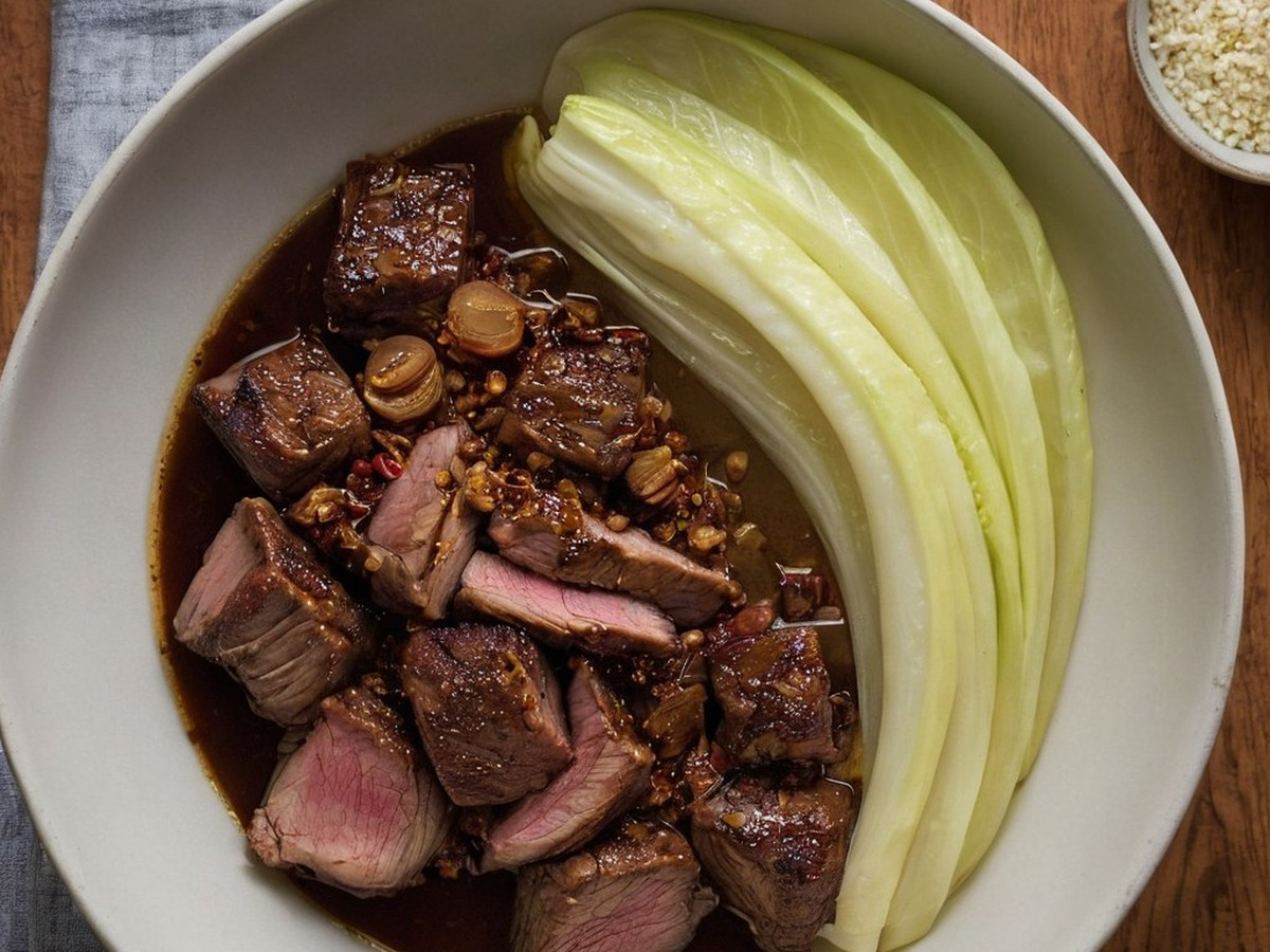 Spiced Cumin Lamb With Szechuan Peppercorns And Braised Napa Cabbage Spiced Cumin Lamb With Szechuan Peppercorns And Braised Napa Cabbage served and ready to enjoy