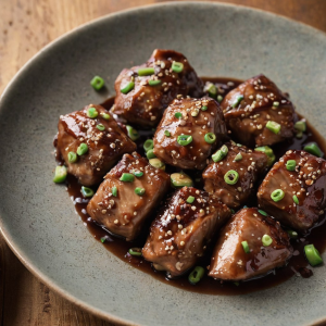 Steamed chicken thigh pieces garnished with julienned ginger and scallions in a soy-based sauce