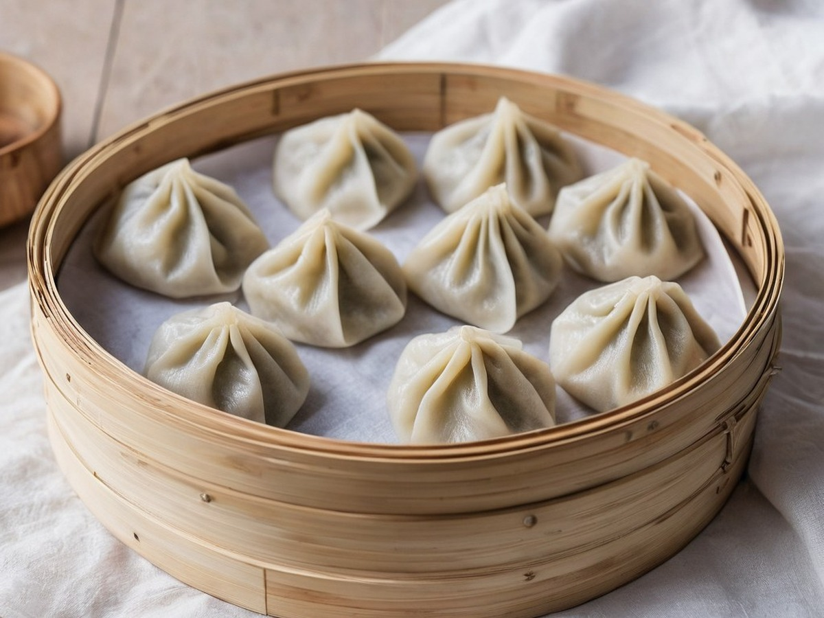 Steamed Mung Bean Jiaozi served and ready to enjoy