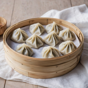 Two steamed mung bean and vegetable dumplings on a plate