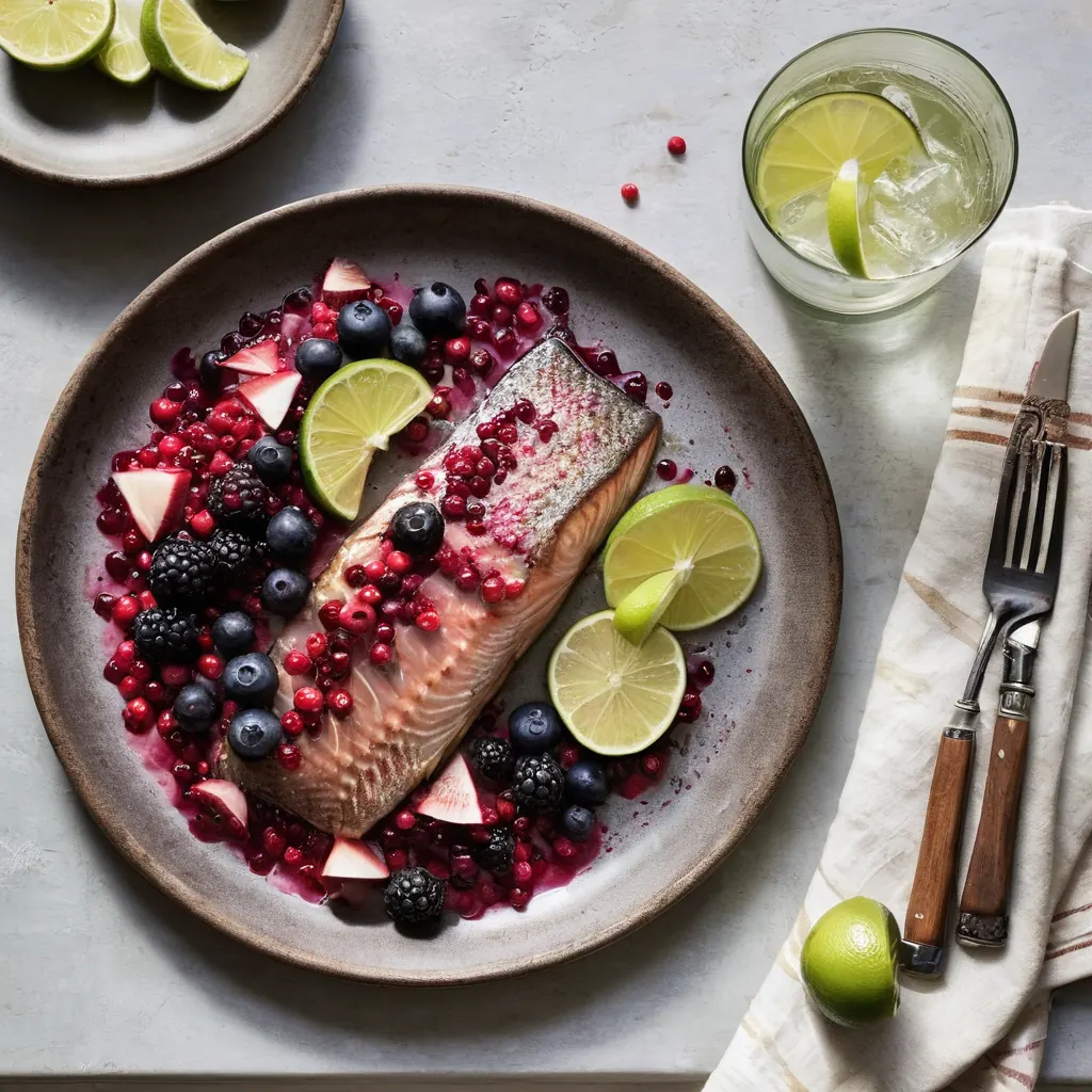 Grilled trout fillets topped with a sauce of fresh mixed berries, lime juice, and grated ginger.