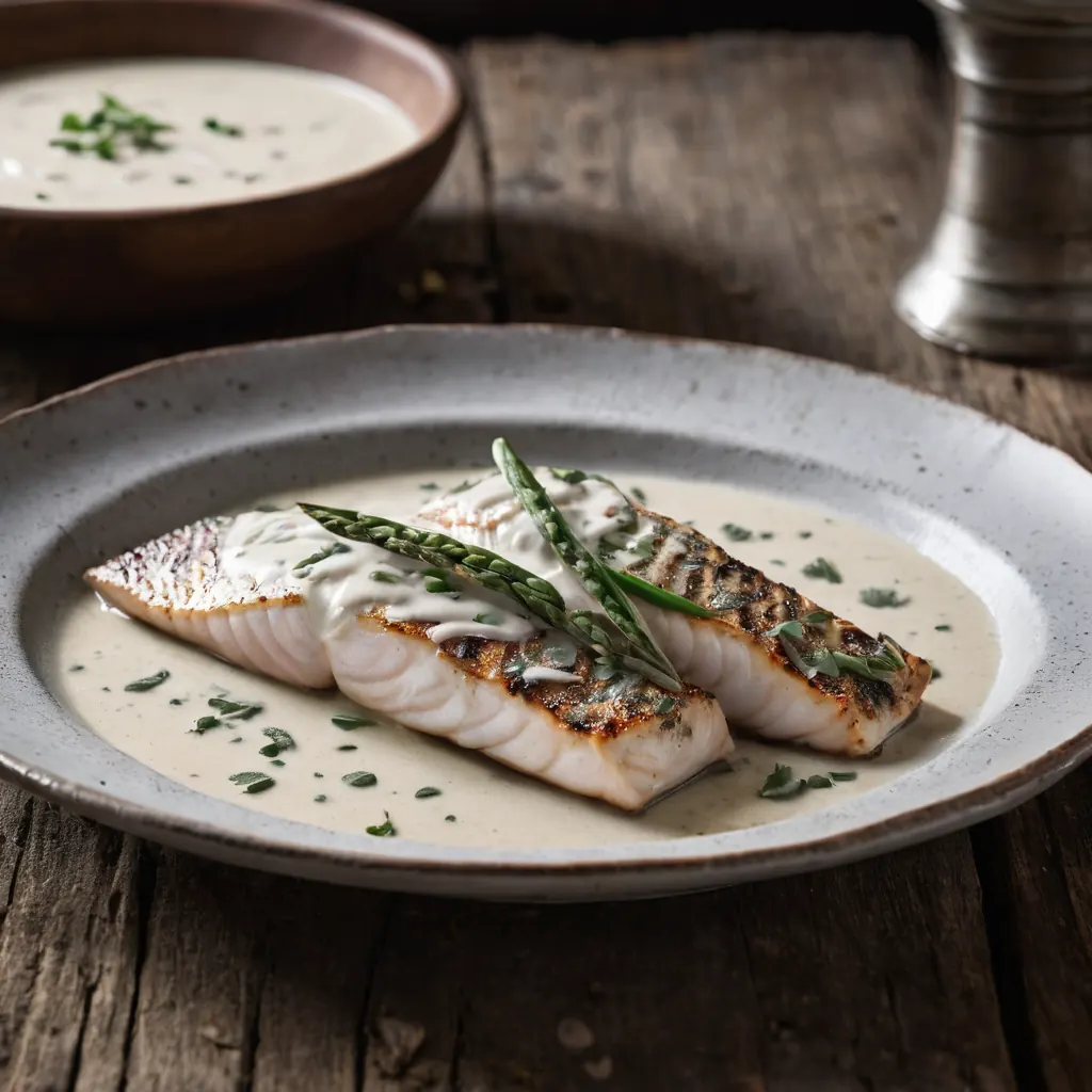 Grilled white fish fillets with lemongrass stalks served in a creamy coconut milk sauce.