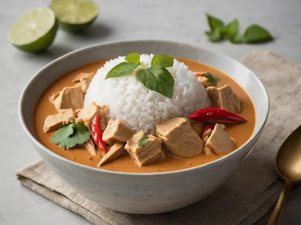 Panang Curry With Shredded Chicken And Kaffir Lime Panang Curry With Shredded Chicken And Kaffir Lime served and ready to enjoy