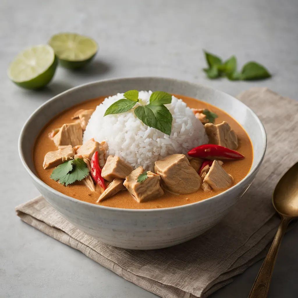 Creamy Panang curry with shredded chicken and coconut sauce topped with fresh kaffir lime leaves served in a bowl.