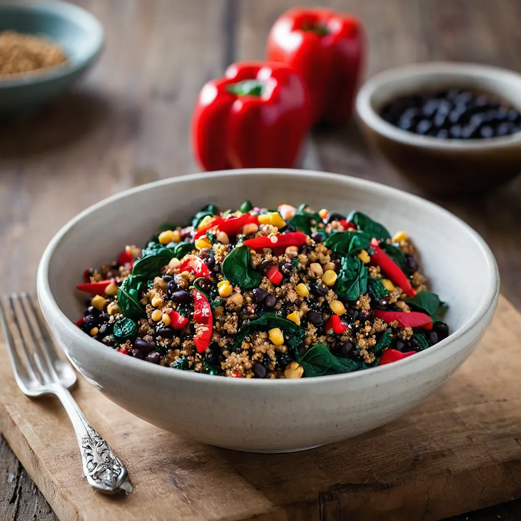 A pan containing quinoa stir-fry mixed with black beans, corn, diced red peppers, and spinach with garlic and lime