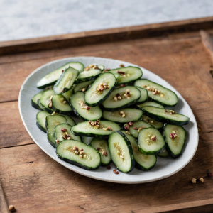 Smashed cucumber pieces tossed with minced garlic, ground Sichuan peppercorns, and dried chili flakes in a savory dressing.