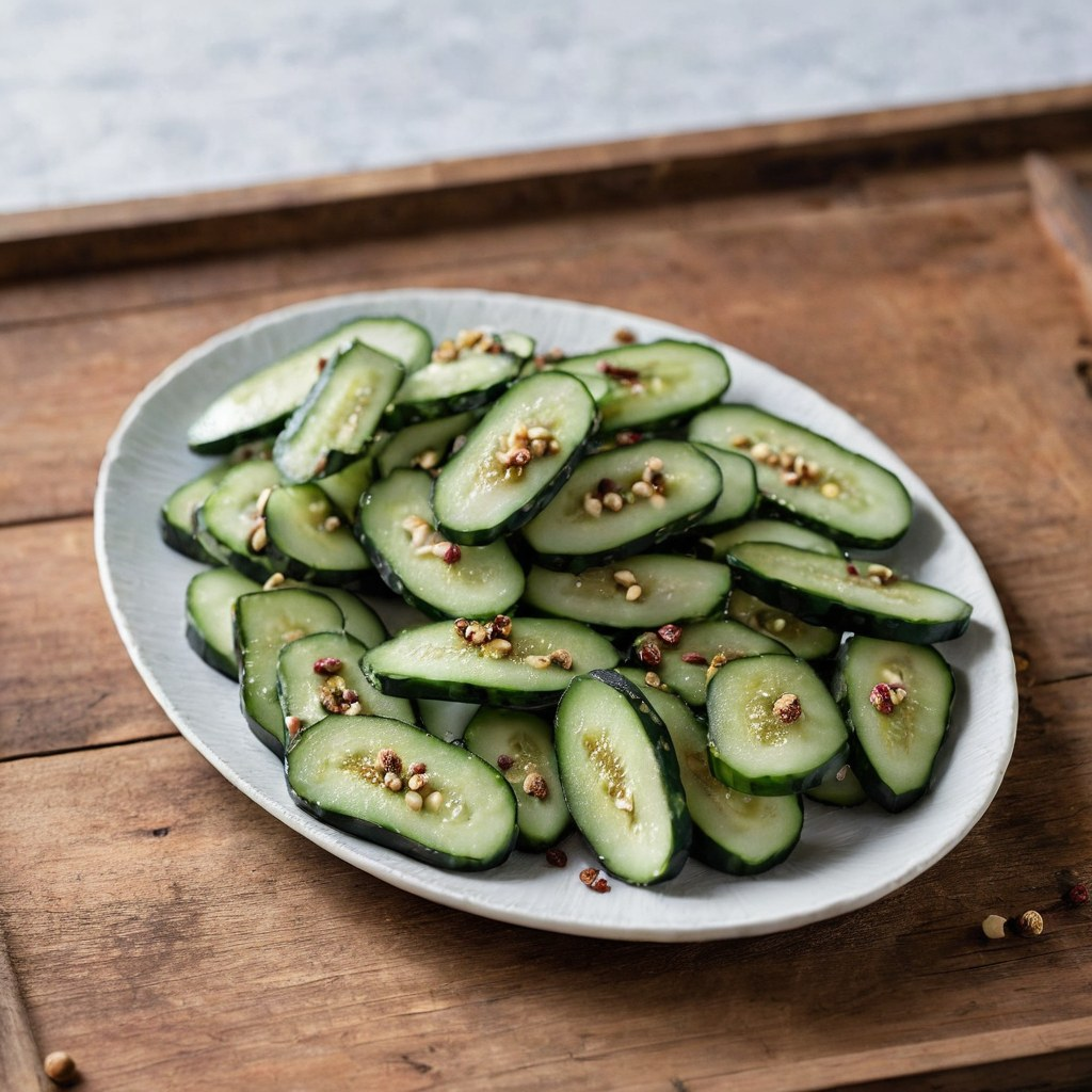Smashed cucumber pieces tossed with minced garlic, ground Sichuan peppercorns, and dried chili flakes in a savory dressing.