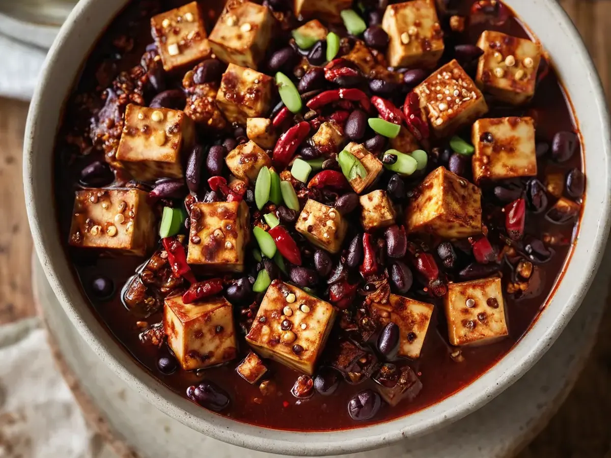 Sichuan-Style Mapo Tofu With Crispy Garlic And Chili served and ready to enjoy
