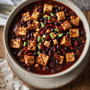 Sliced silken tofu cubes in a dark red spicy chili oil sauce topped with fried garlic slices, dried chilies, and Sichuan peppercorns.
