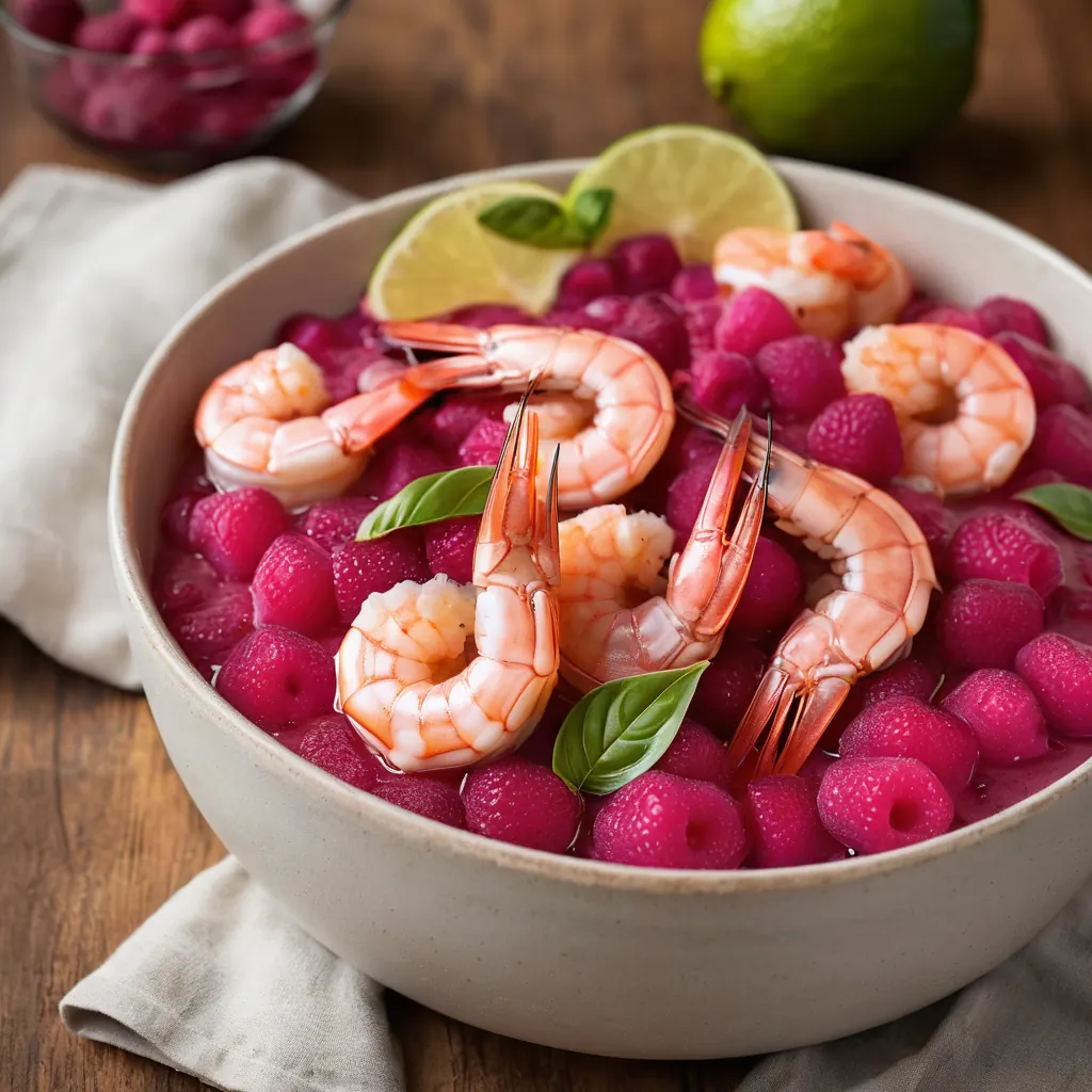 Shrimp stir-fried with pink dragonfruit cubes and fresh Thai basil in a dark glaze, garnished with sliced red chilies