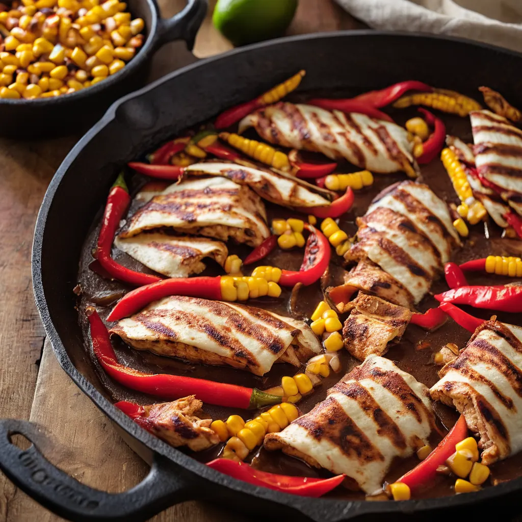 Strips of grilled chicken and bell peppers sautéed on a sizzling cast-iron skillet.