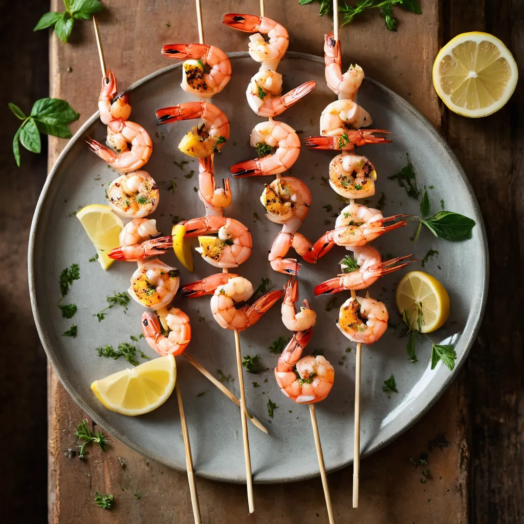 Grilled shrimp skewers with a citrus and garlic glaze on a white plate