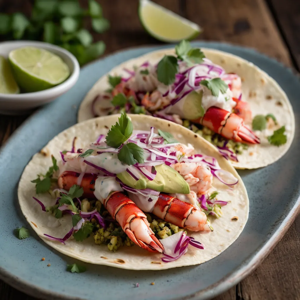 Grilled lobster tails on corn tortillas topped with chopped basil and diced vegetables.