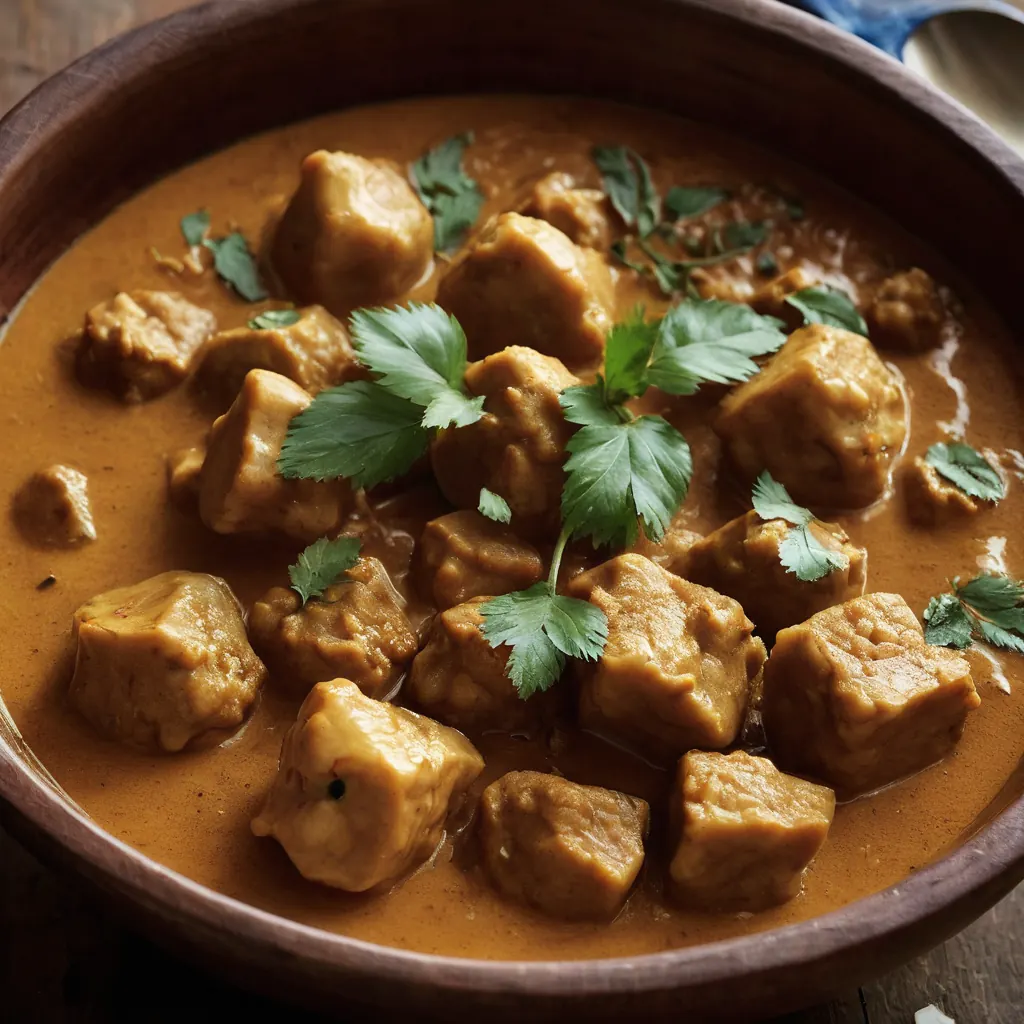 A bowl of golden tamarind coconut chicken curry with chunks of chicken in a rich sauce