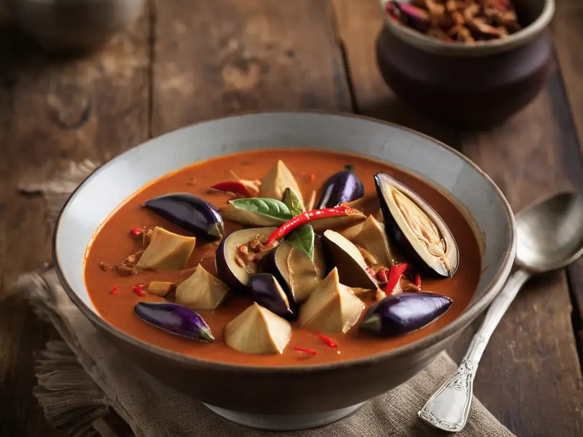Thai Red Curry With Bamboo Shoots And Thai Eggplant Thai Red Curry With Bamboo Shoots And Thai Eggplant served and ready to enjoy