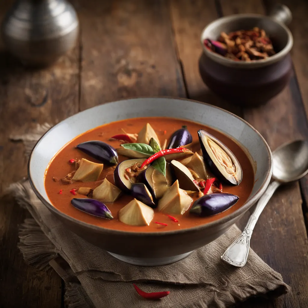 Red curry with bamboo shoots and Thai eggplant in a bowl.