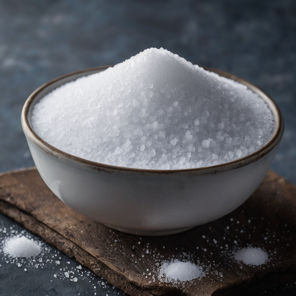 A clear image of a container of kosher salt with a small set of unlisted, safe contextual props such as a wooden spoon or measuring cup.