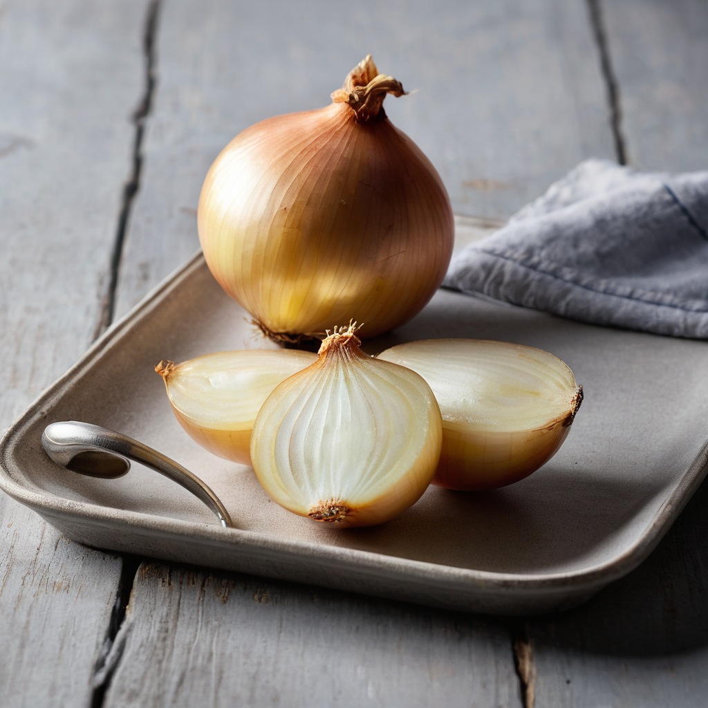 What Is Onion? A Practical Ingredient Guide A whole yellow onion with its papery skin intact sitting on a wooden surface next to a knife.