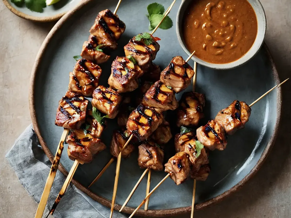Grilled Lemongrass Pork Satay With Peanut Chilli Sauce Grilled Lemongrass Pork Satay With Peanut Chilli Sauce served and ready to enjoy