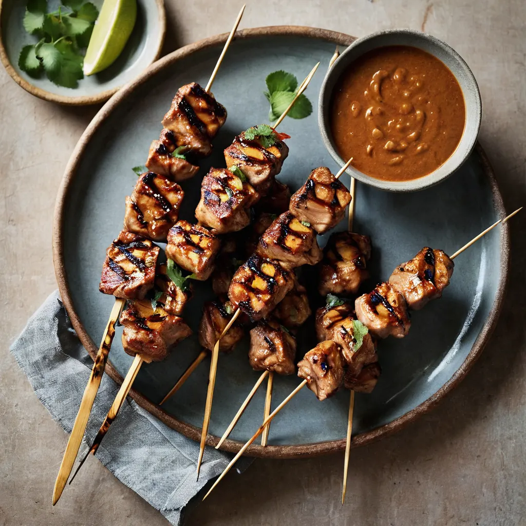 Grilled pork skewers with lemon grass and kaffir lime leaves served with peanut chili sauce