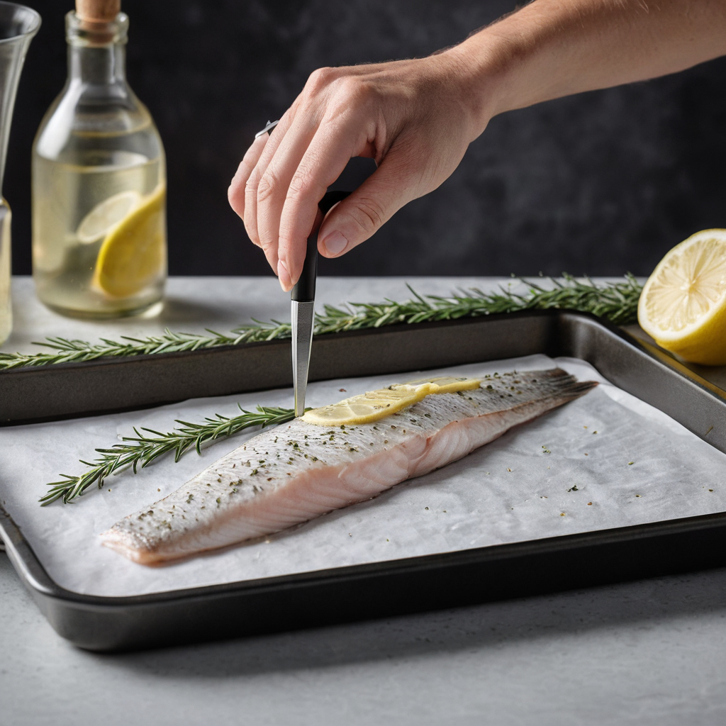 How to Bake Fish Fillets: Temperature, Timing, and Doneness A home cook checking a baked white-fish fillet on a sheet pan with a food thermometer and lemon-herb ingredients nearby.