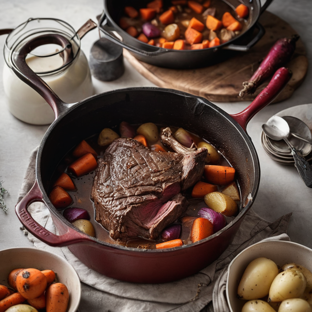 A browned beef chuck roast in a Dutch oven with a shallow layer of braising liquid and softened root vegetables on a bright home-kitchen counter.