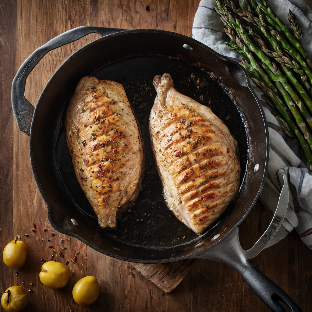Golden boneless chicken breast cooking in a skillet with an instant-read thermometer inserted into the thickest part on a bright kitchen counter.