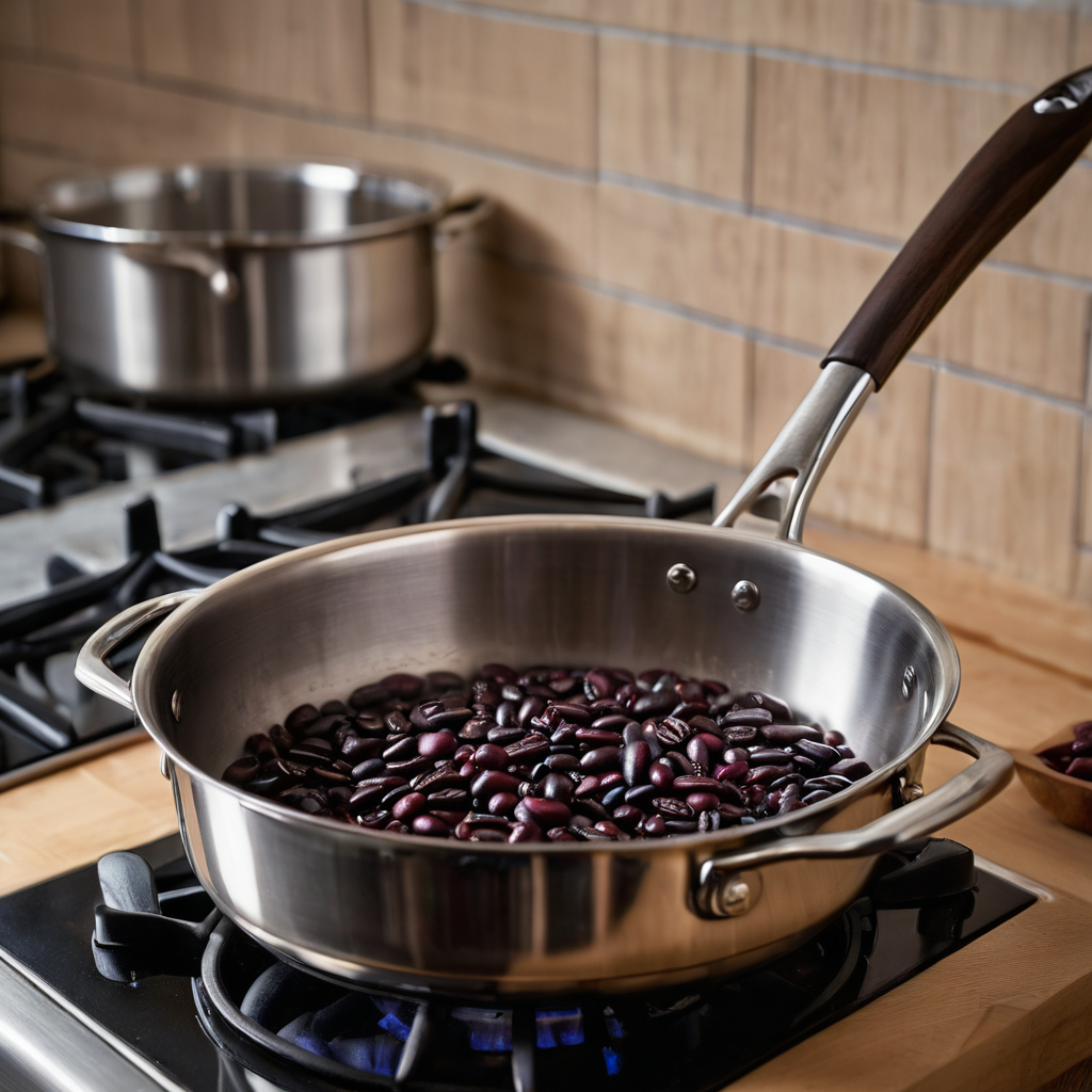 A saucepan of dried beans simmering gently on a home stove, with a slotted spoon and a few dry bean varieties beside it.