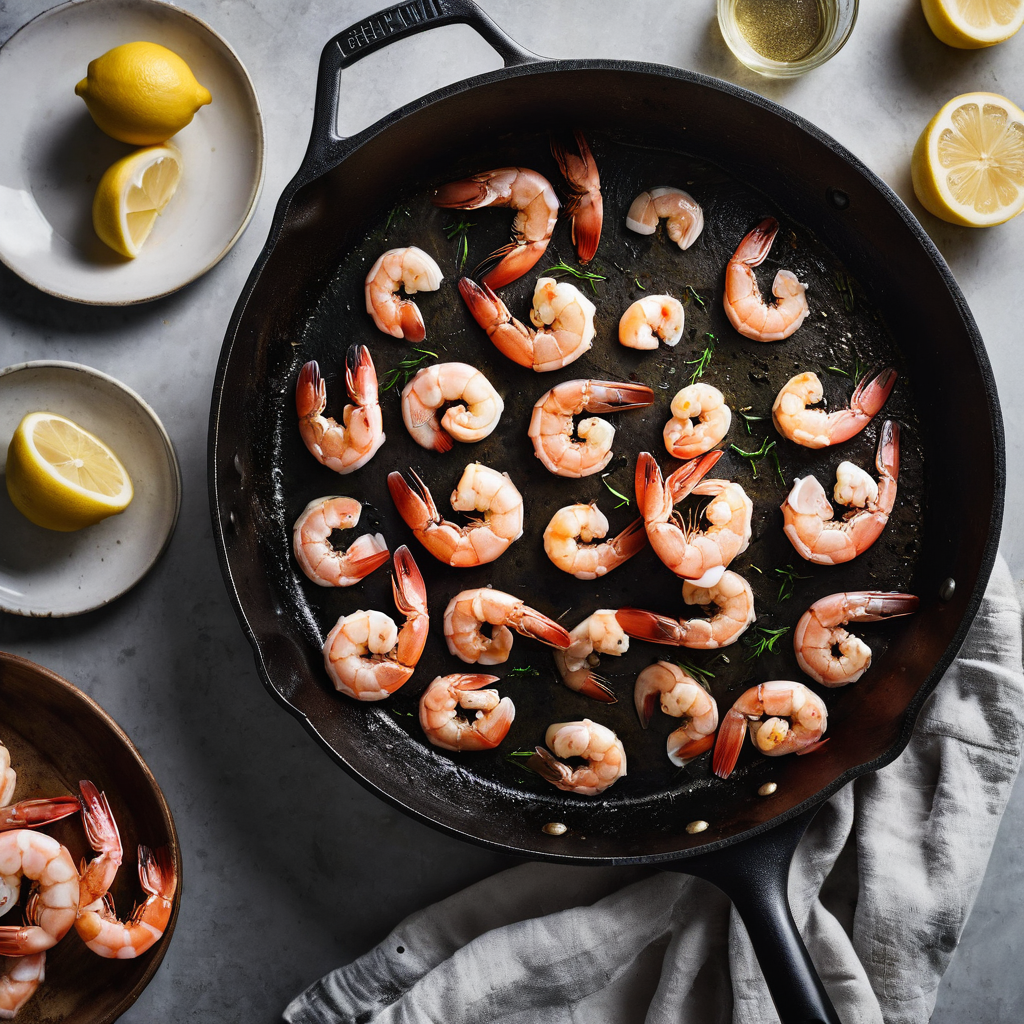A home cook sautéing peeled shrimp in a wide skillet with lemon, garlic, and herbs nearby.