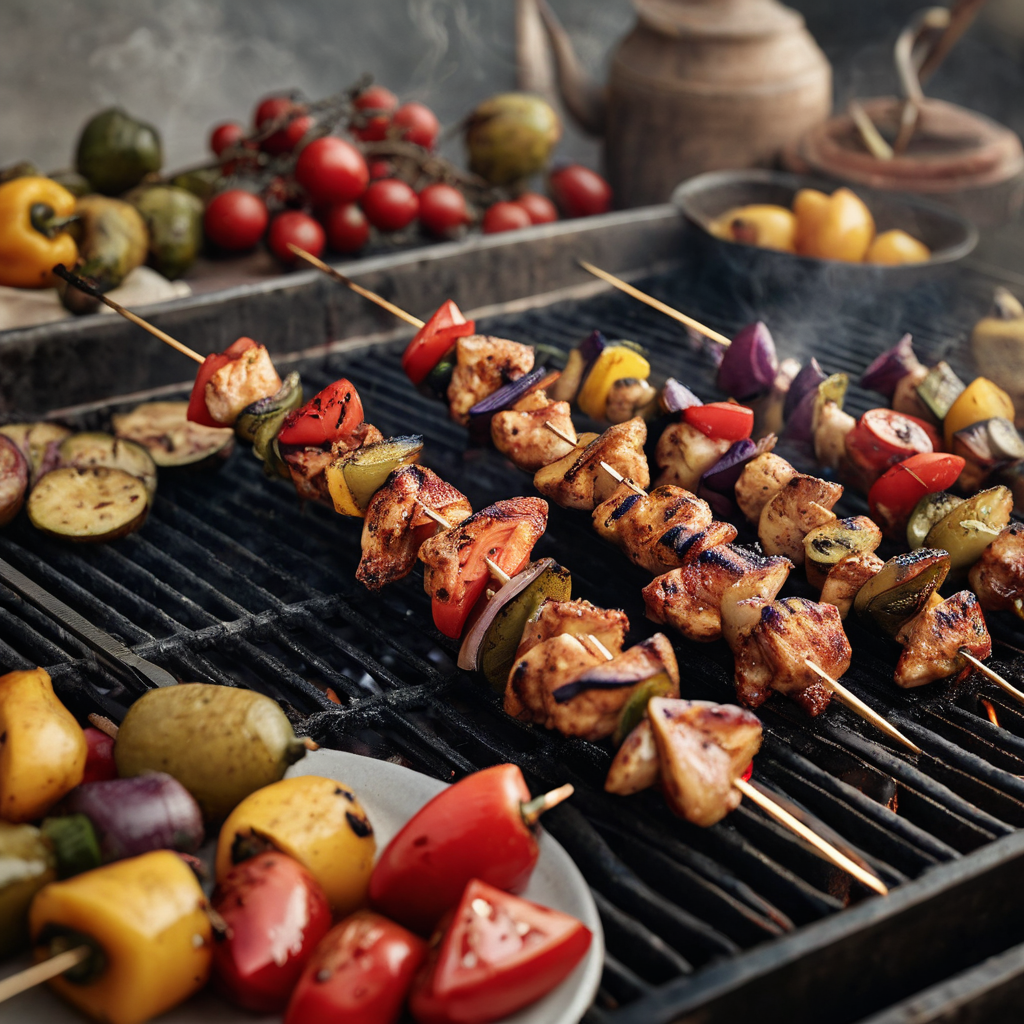 Golden chicken skewers with browned edges and vegetables on a clean grill, with a digital food thermometer beside the serving platter.
