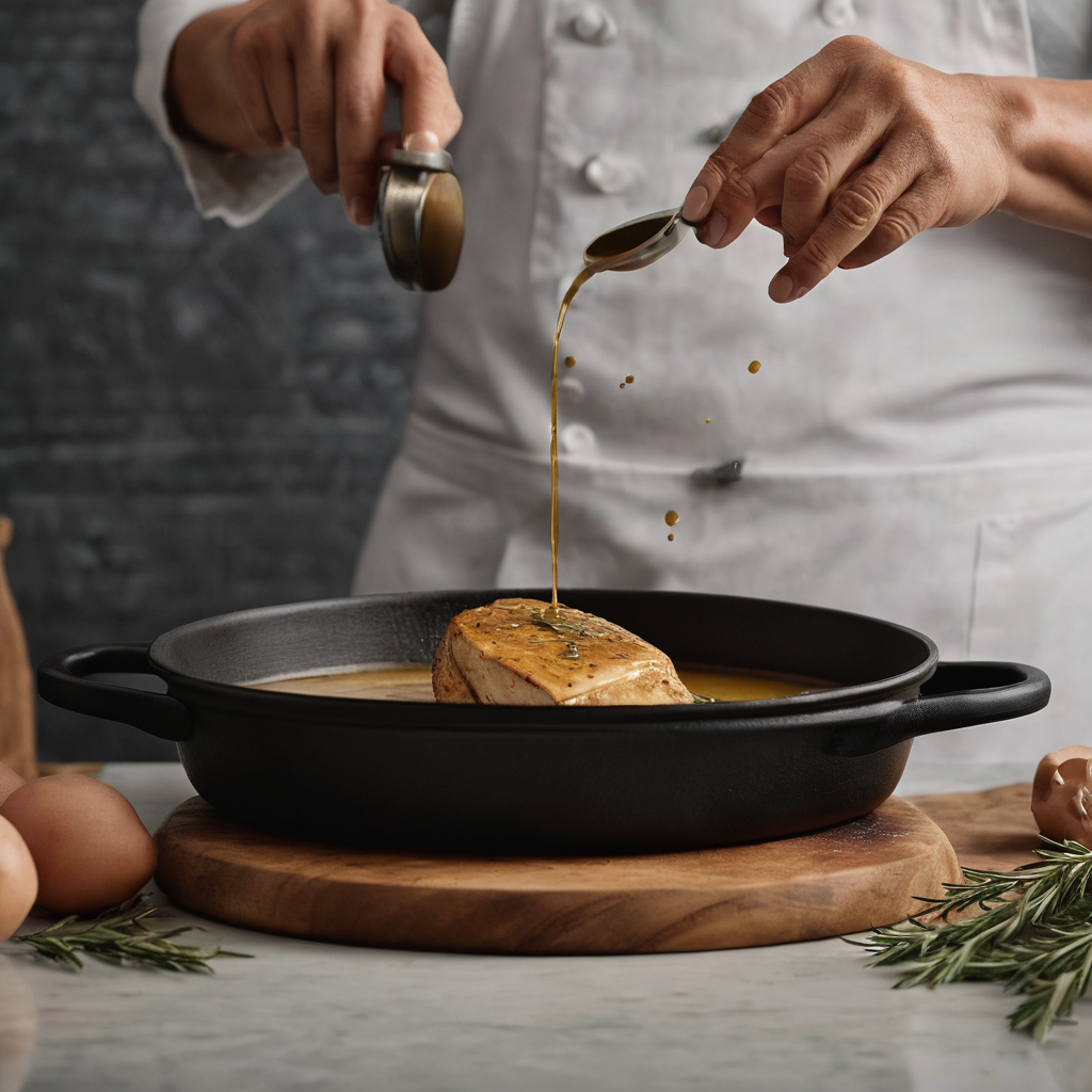 A cook scraping golden fond into a glossy pan sauce beside a seared chicken breast, with a small pitcher of stock and herbs on a home-kitchen counter.