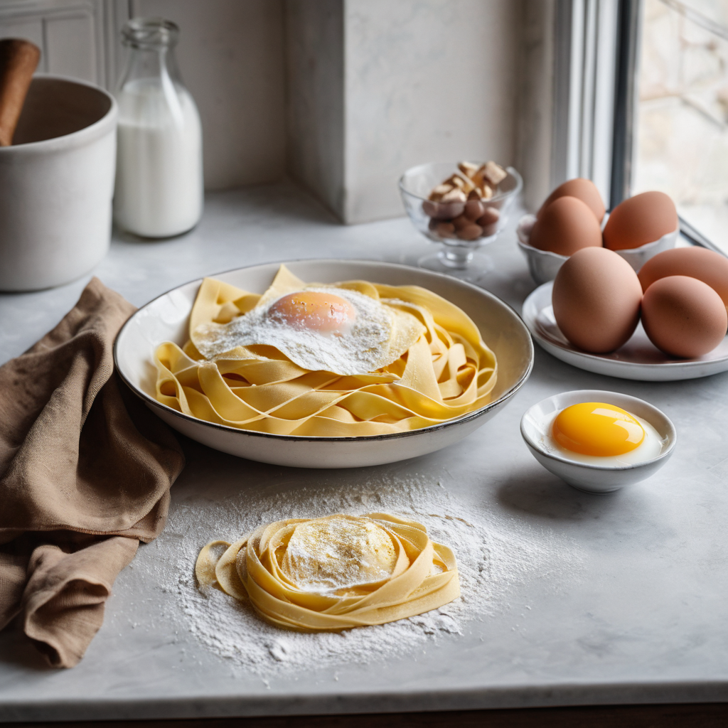 How to Make Fresh Pasta from Scratch Fresh pasta sheets and hand-cut ribbons beside a simple bowl of flour and eggs on a bright home-kitchen work surface.