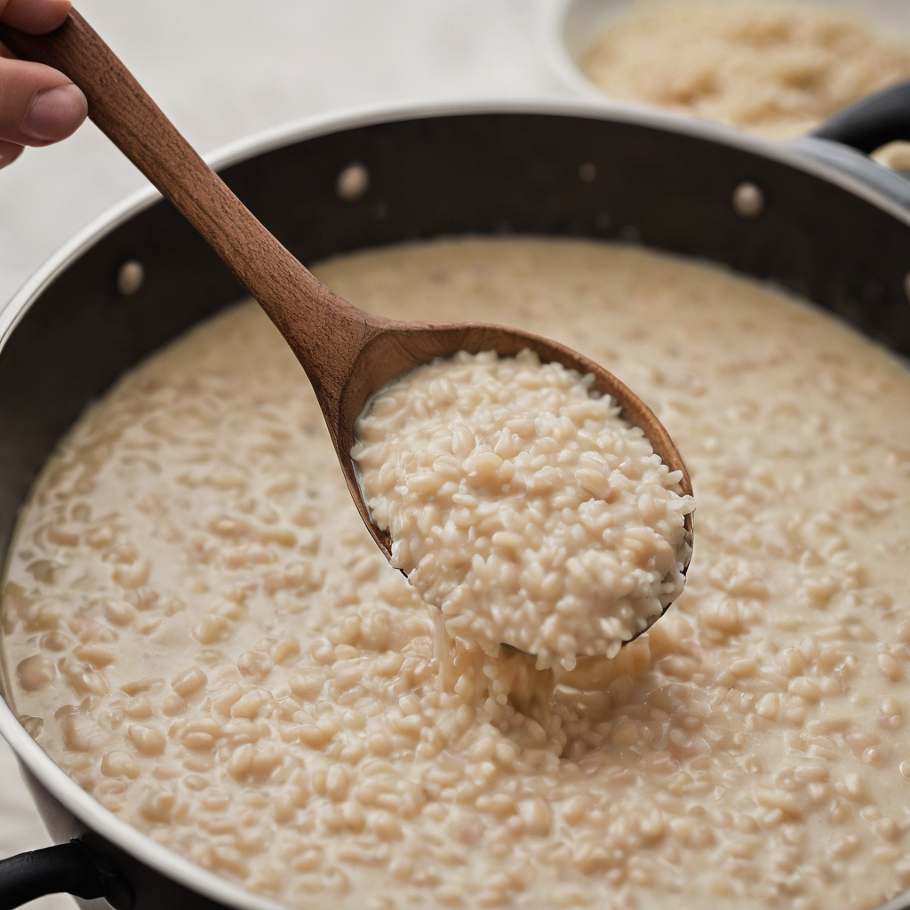 A close editorial view of a home cook stirring creamy risotto in a wide saucepan, with warm broth ready beside it and distinct tender rice grains visible in a softly flowing finish.