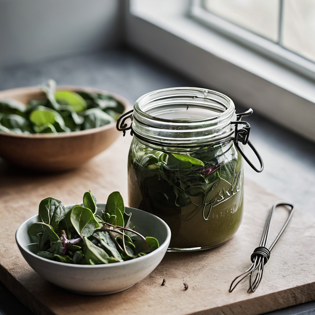 How to Make Vinaigrette: A Flexible Ratio and Simple Fixes A small glass jar and a wire whisk sit beside a bowl of freshly mixed vinaigrette and fresh leafy greens on a bright kitchen counter.