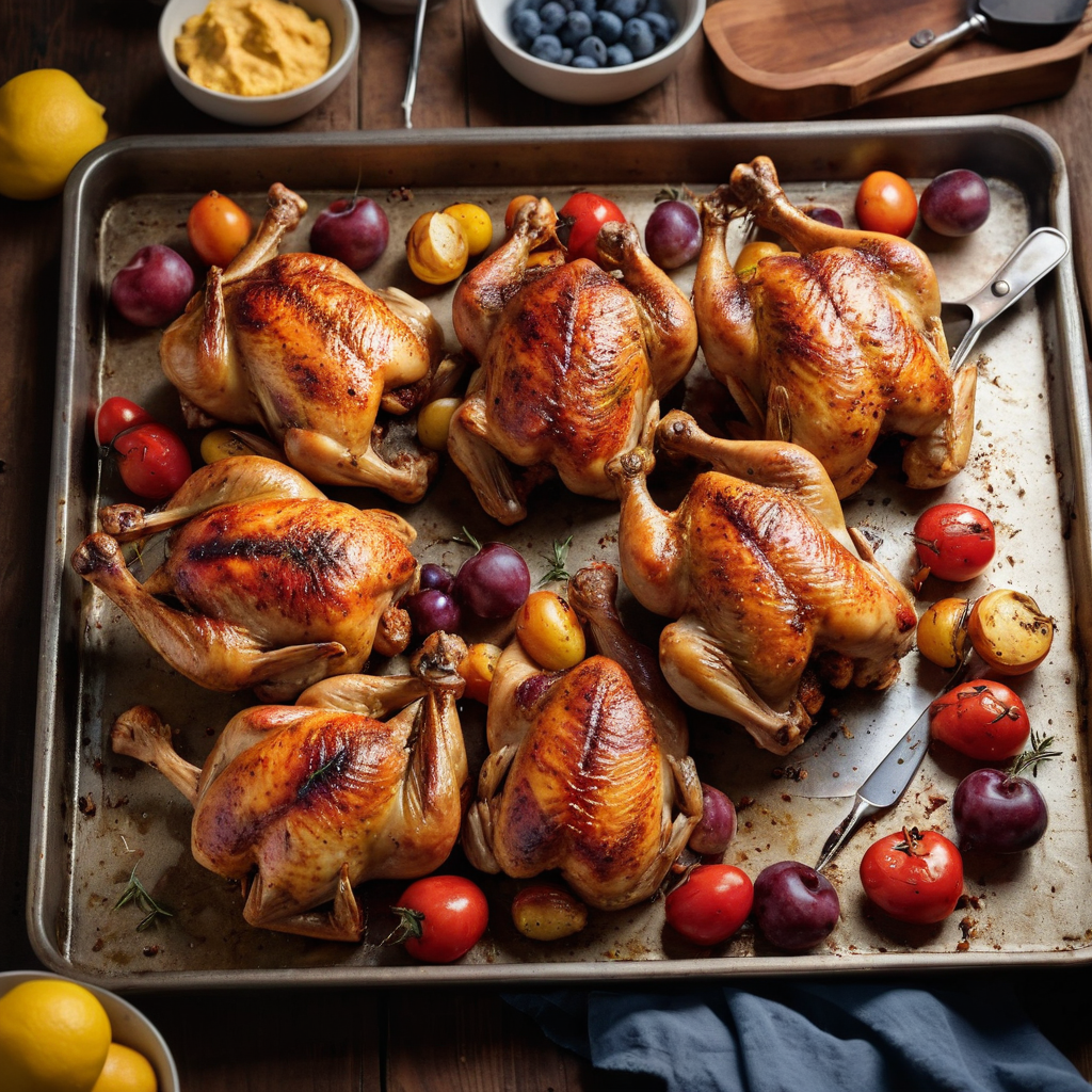 Golden roasted chicken pieces on a rimmed baking sheet with a clean instant-read thermometer and tongs in a bright home kitchen.