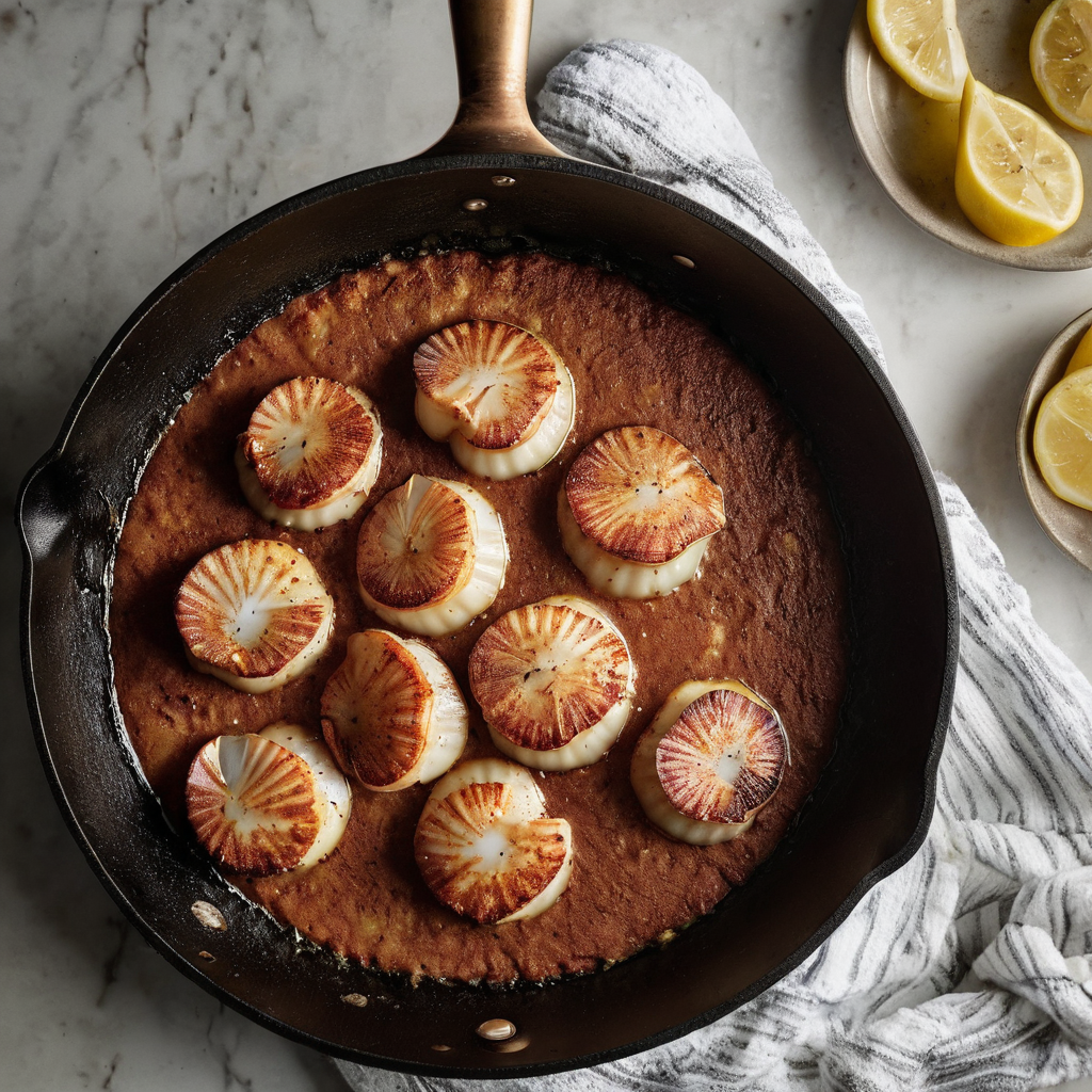 How to Sear Scallops: Golden Crust, Tender Centers Large sea scallops developing a golden crust in a wide skillet, with a clean towel and tongs on a bright home-kitchen counter.