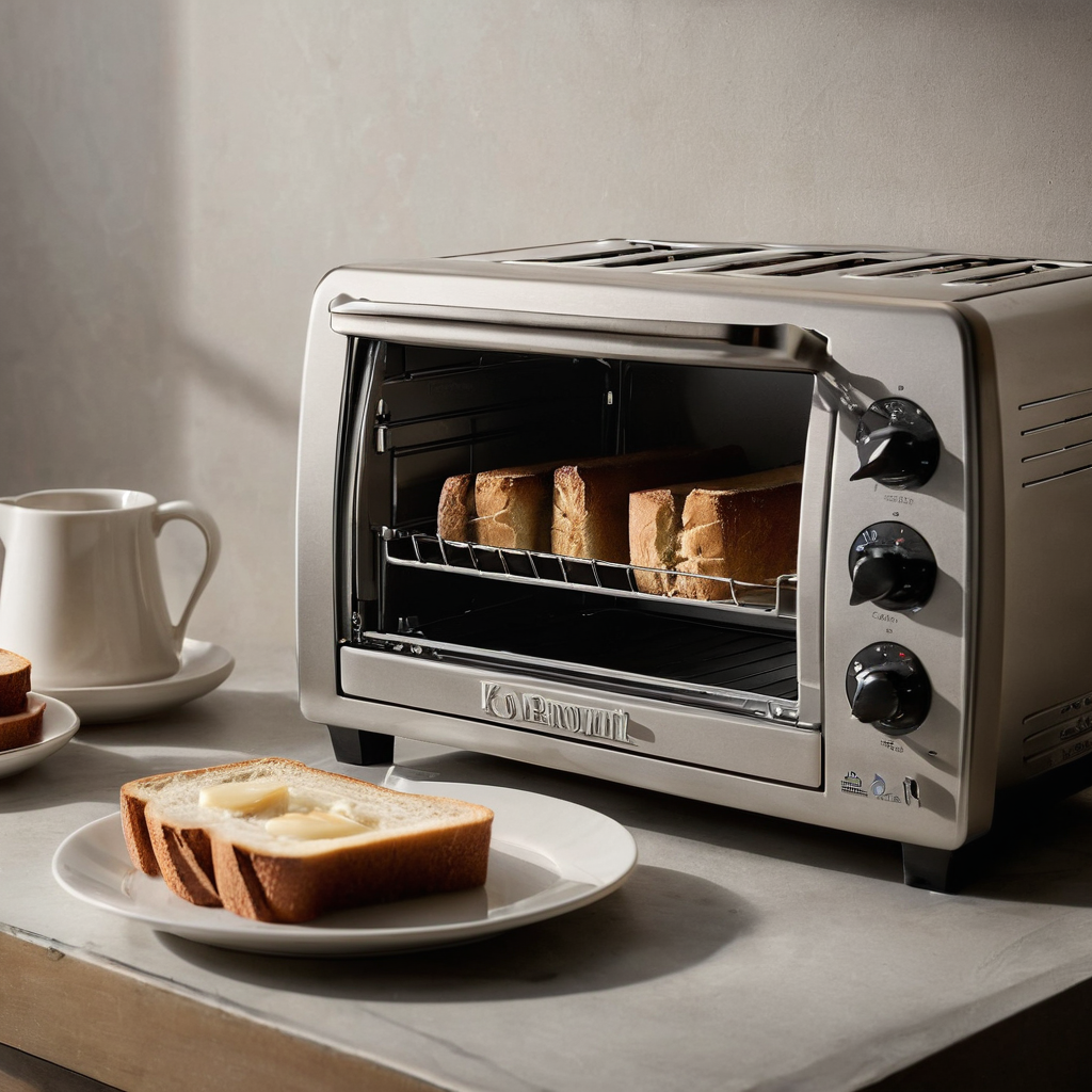 A close view of a toaster oven with a slice of bread inside, showing a light golden brown color without hands or unsafe handling.