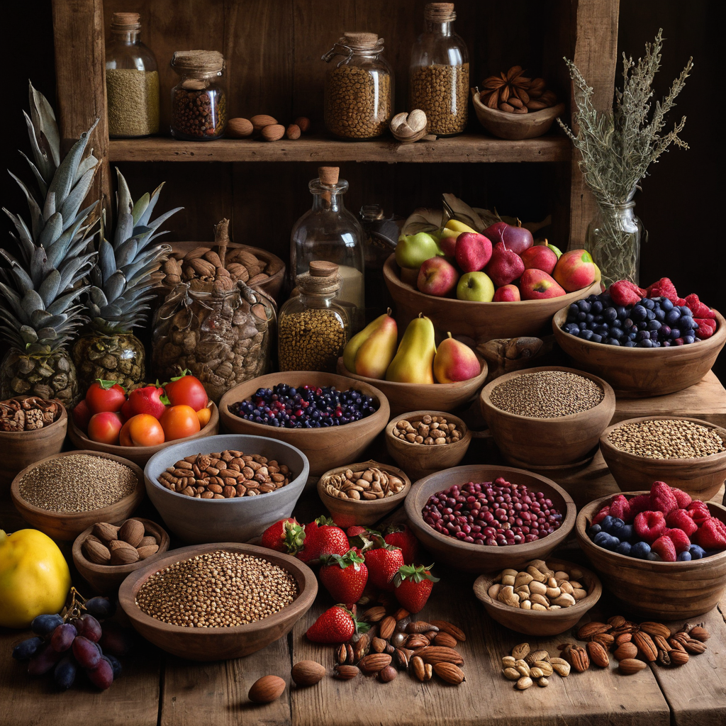 Pantry Guide: Mediterranean A Mediterranean pantry scene displaying fresh vegetables, whole grains, legumes, olive oil, nuts, and dried herbs arranged on a wooden surface.