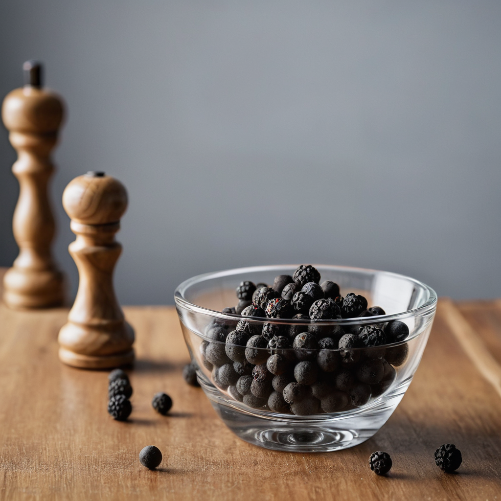 A small glass bowl filled with whole black peppercorns sitting next to a wooden pepper mill on a clean kitchen counter.