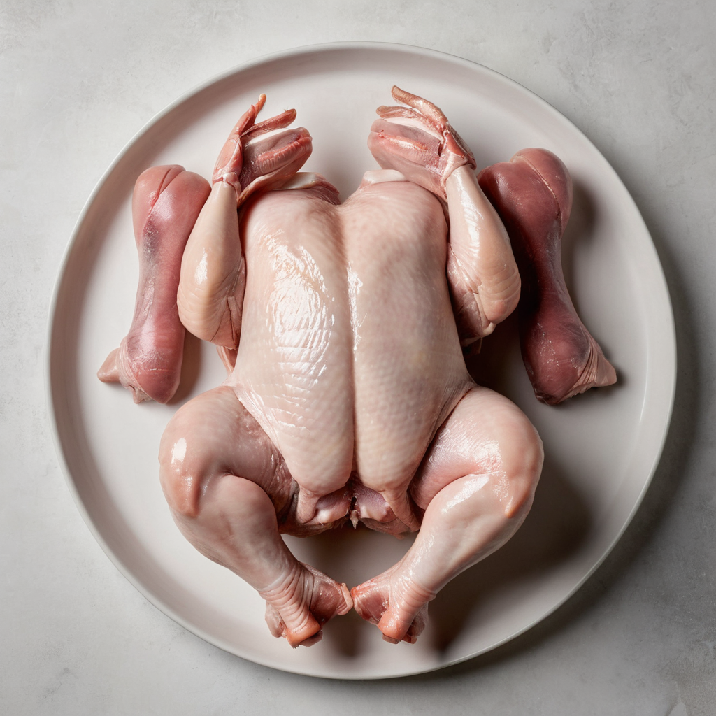 A raw whole chicken and separate chicken parts on a clean surface.